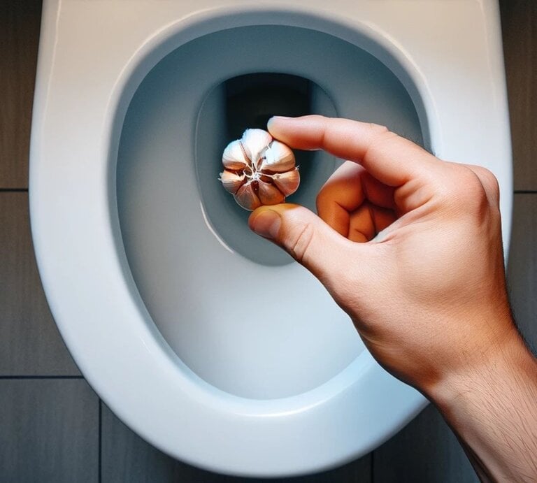 Eine Hand hält eine Knoblauchzehe über die geöffnete Toilette. | © erstellt mit ChatGPT 4
