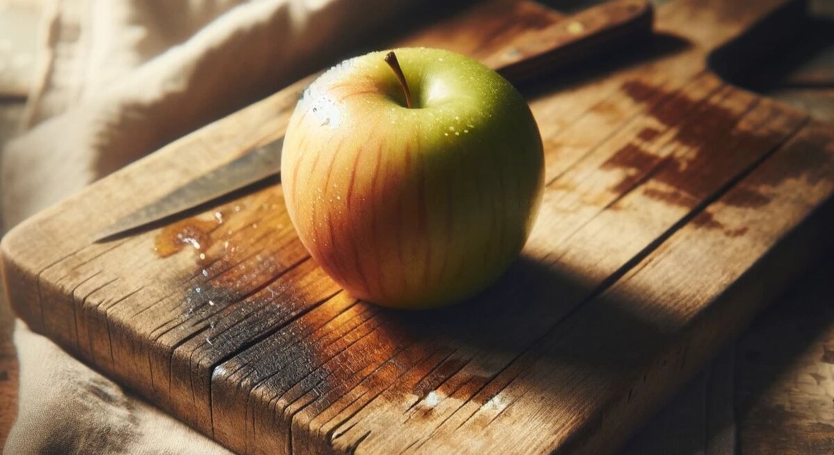 Ein verschmutztes Schneidebrettchen, auf dem ein Apfel und ein Messer liegen.