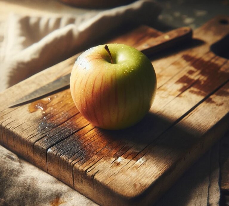 Ein verschmutztes Schneidebrettchen, auf dem ein Apfel und ein Messer liegen. | © erstellt mit ChatGPT 4
