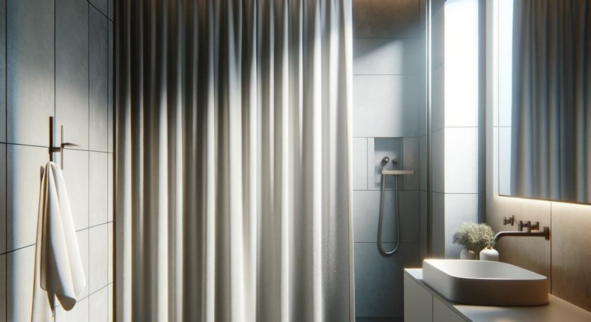 Ein Badezimmer mit Blick auf die Dusche inklusive Duschvorhang ist zu sehen.