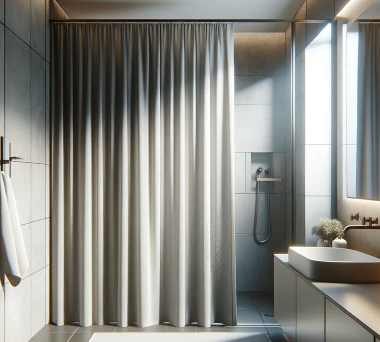Ein Badezimmer mit Blick auf die Dusche inklusive Duschvorhang ist zu sehen. | © erstellt mit ChatGPT 4