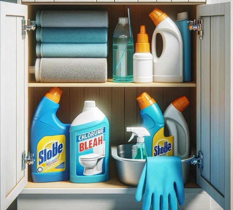 Ein geöffneter Waschbeckenunterschrank, in dem WC-Reiniger, Entkalker und andere Reinigungsmittel zu sehen sind. | © erstellt mit ChatGPT 4