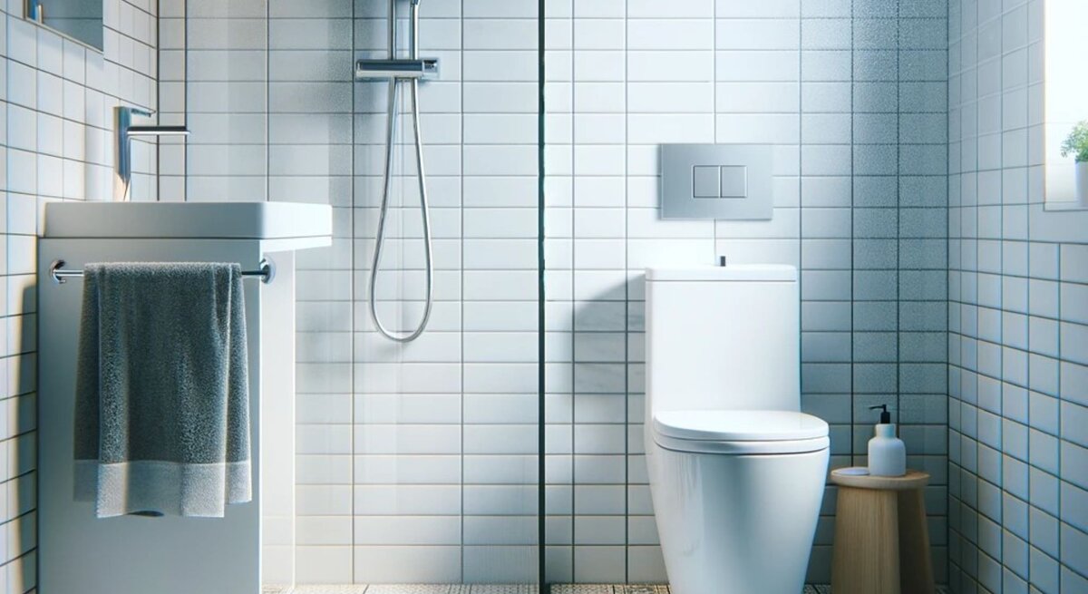 Ein Badezimmer mit Toilette, Dusche, weißen Fliesen und verdreckten Fugen ist zu sehen.