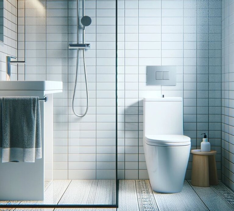 Ein Badezimmer mit Toilette, Dusche, weißen Fliesen und verdreckten Fugen ist zu sehen. | © erstellt mit ChatGPT 4