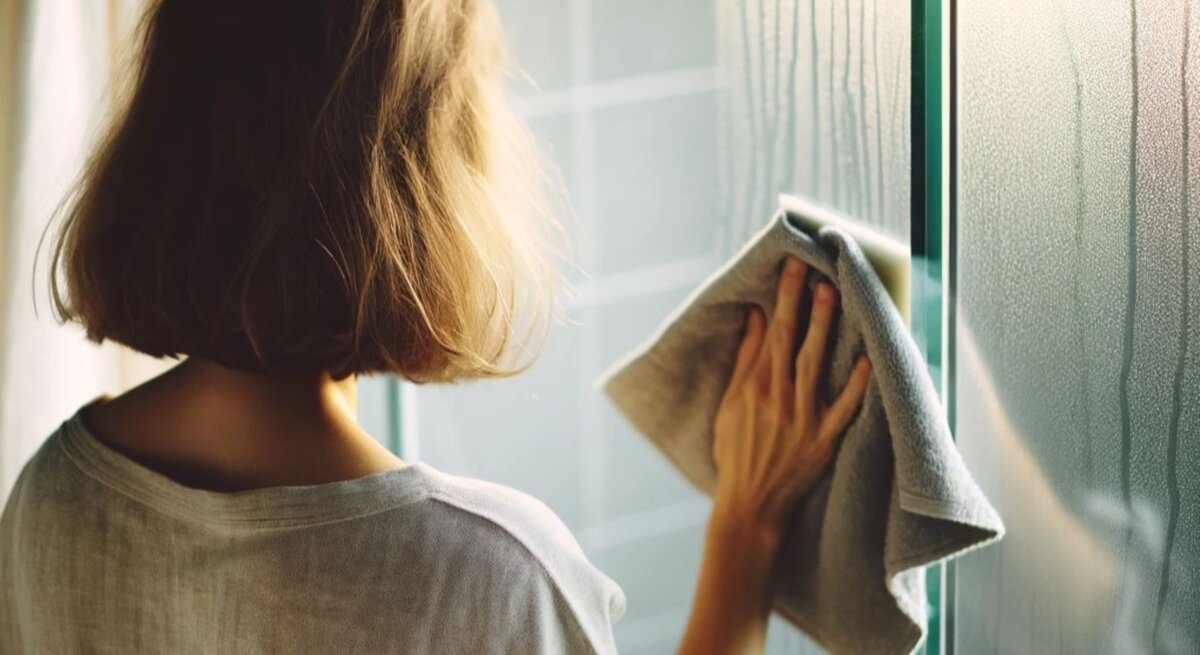 Eine Frau putzt mit einem Putzlappen die Glasduschwand einer Dusche.