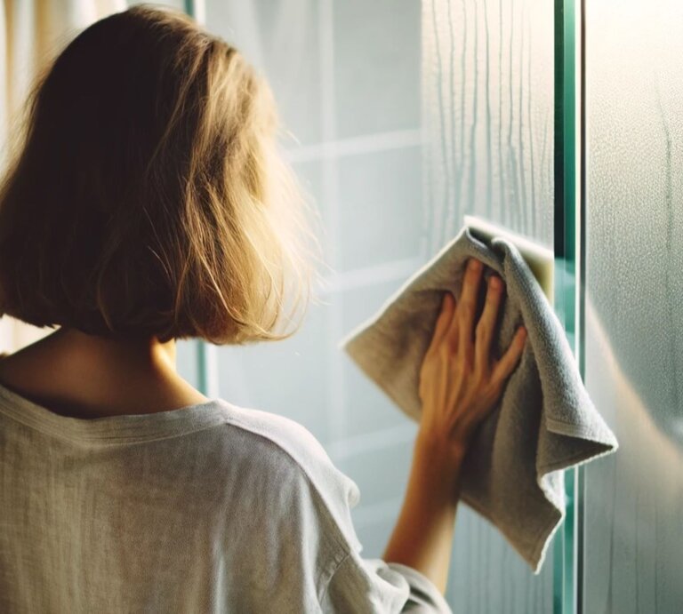 Eine Frau putzt mit einem Putzlappen die Glasduschwand einer Dusche. | © erstellt mit ChatGPT 4