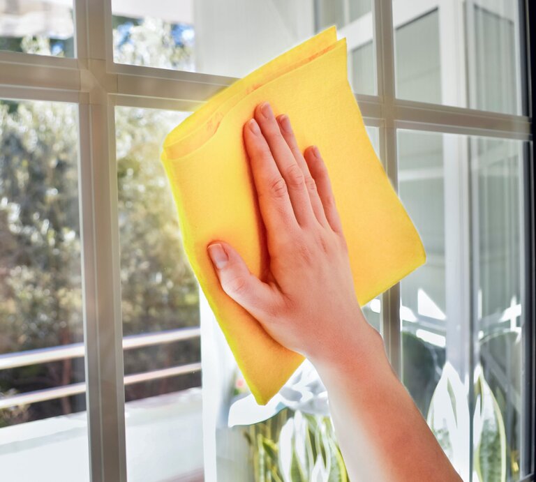  Das Bild zeigt eine Person, die ein Fenster mit einem gelben Tuch reinigt. Die Szene könnte darauf hinweisen, wie man mit einem einfachen Tuch und vielleicht einem natürlichen Reinigungsmittel, wie dem Saft einer Kartoffel, im Rahmen eines umweltfreundlichen Frühjahrsputzes Fenster putzen kann. Die helle, sonnige Umgebung draußen und das saubere Fenster vermitteln eine frische, frühlingshafte Atmosphäre. | © Adobe Stock/cunaplus