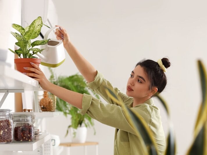 Eine junge Frau gießt ihre Zimmerpflanzen. | © Shutterstock/Pixel-Shot