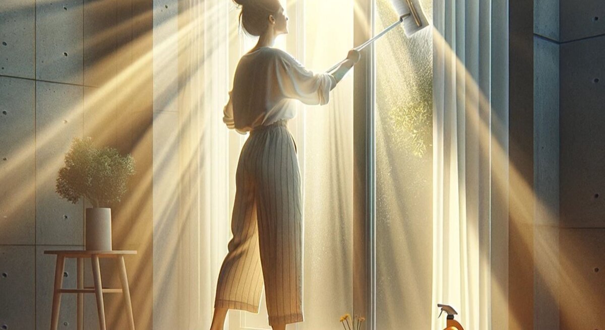 Eine Frau putzt im Sonnenschein die Fenster von innen.