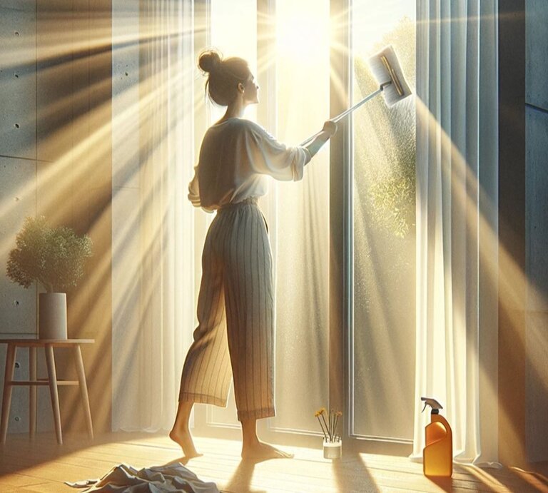 Eine Frau putzt im Sonnenschein die Fenster von innen. | © erstellt mit ChatGPT 4