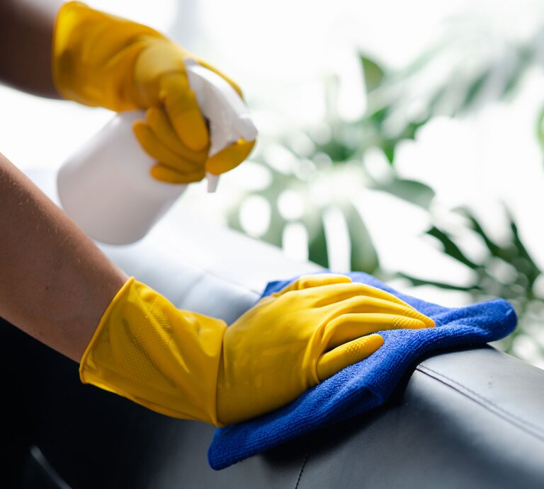 Behandschuhte Hände putzen mit Lappen über Ledercouch | © Adobe Stock