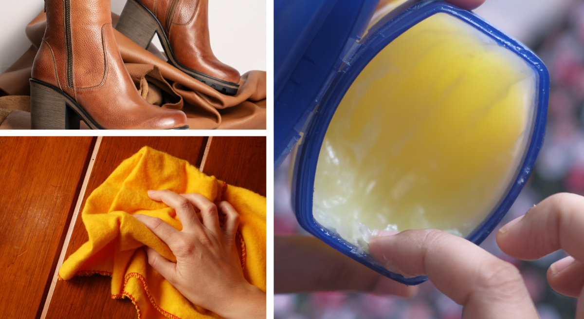 Zwei braune Lederstiefeletten stehen auf Stoff, daneben wird Holz mit gelbem Tuch poliert und Vaseline mit Finger entnommen.