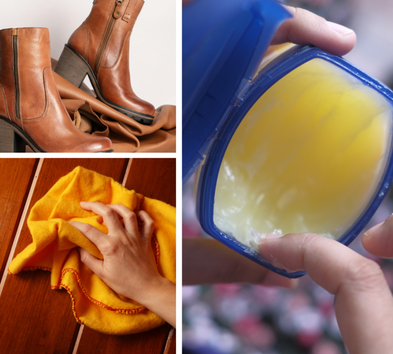 Zwei braune Lederstiefeletten stehen auf Stoff, daneben wird Holz mit gelbem Tuch poliert und Vaseline mit Finger entnommen. | © Canva [M]