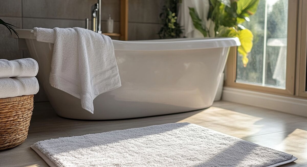 Helles Badezimmer mit freistehender Badewanne, weißem Handtuch, flauschigem Badteppich und Korb mit Handtüchern im Sonnenlicht.