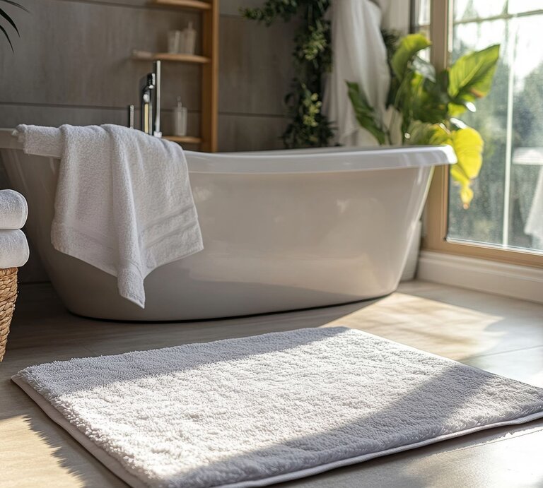 Helles Badezimmer mit freistehender Badewanne, weißem Handtuch, flauschigem Badteppich und Korb mit Handtüchern im Sonnenlicht. | © AdobeStock/Raool