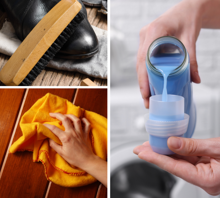 Eine Bürste poliert einen schwarzen Lederschuh, eine Hand wischt mit gelbem Tuch Holz, daneben wird hellblaues Waschmittel eingeschenkt. | © Canva [M]