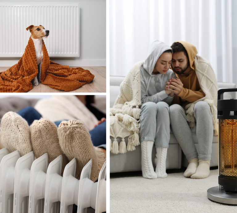 Junge Frau und Mann sitzen in Wollsocken und Decken gehüllt vor Heizstrahler, Hände wärmend, daneben Hund in Decke vorm Radiator. | © Canva [M]