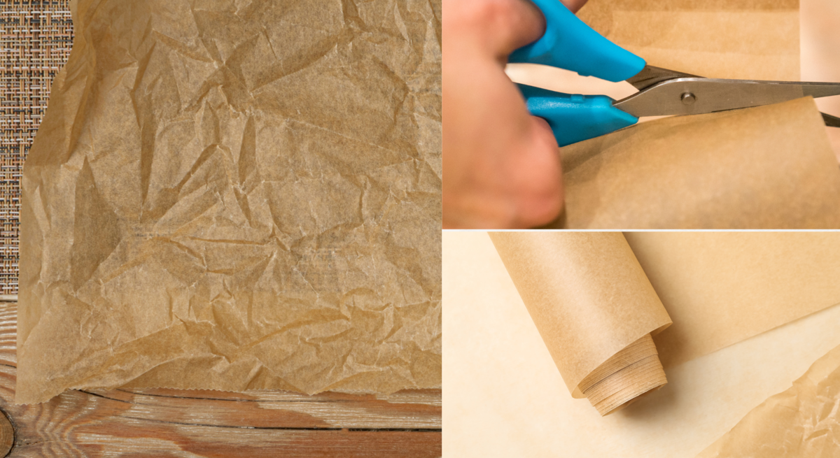 Hand mit blauer Schere schneidet Backpapier von einer Rolle, daneben zwei weitere Bögen auf Holz- und Stoffuntergrund.