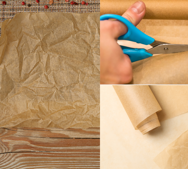 Hand mit blauer Schere schneidet Backpapier von einer Rolle, daneben zwei weitere Bögen auf Holz- und Stoffuntergrund. | © Canva [M]