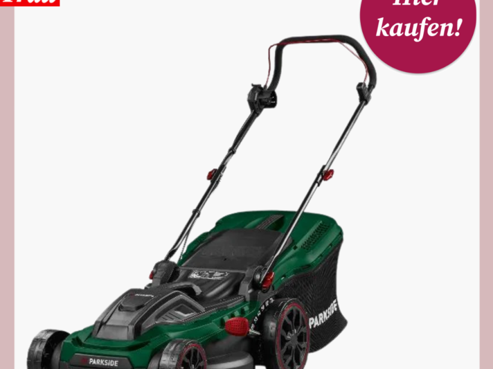 Grüner Elektro-Rasenmäher mit schwarzem Fangkorb und roten Akzenten vor weißem Hintergrund, seitlich fotografiert. | © Lidl 