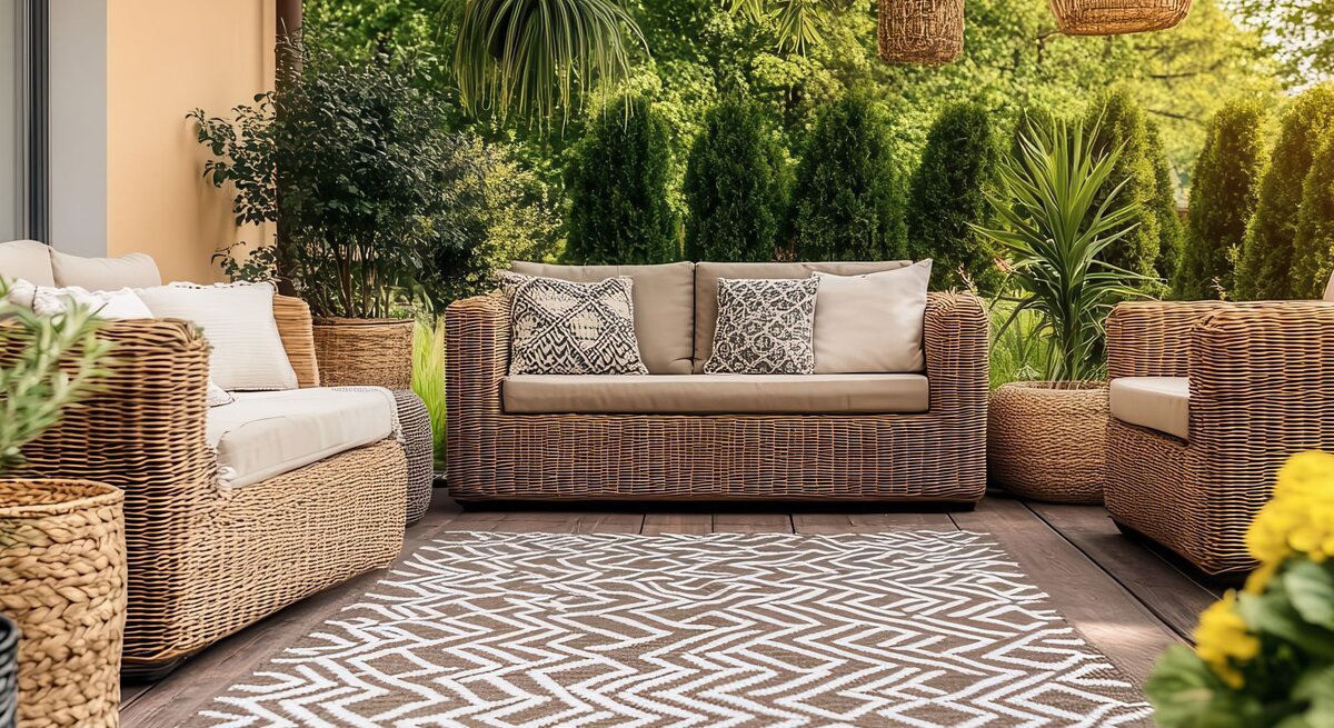 Stilvolle Outdoor-Lounge mit Rattansofas, Holzboden und Outdoor- Teppich, eingerahmt von üppigem Grün und dekorativen Hängepflanzen.