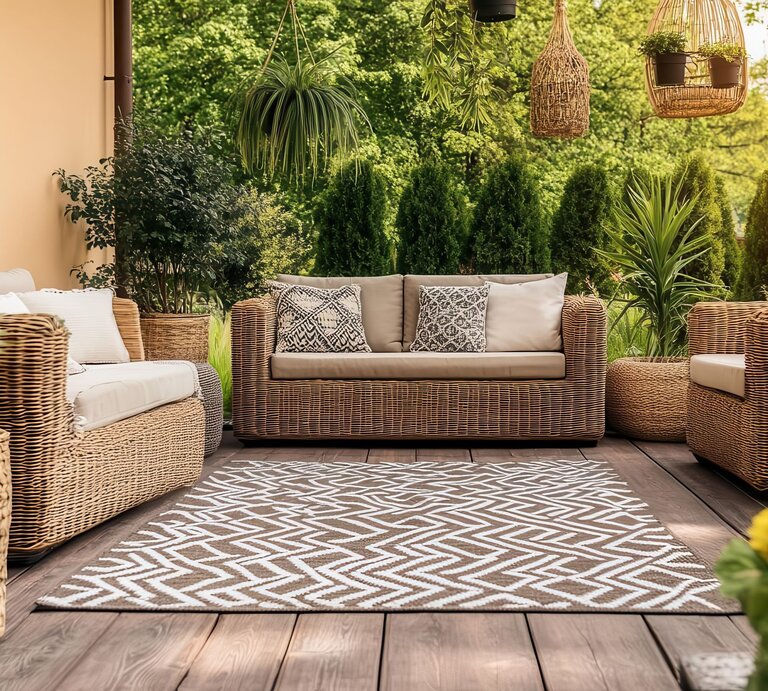 Stilvolle Outdoor-Lounge mit Rattansofas, Holzboden und Outdoor- Teppich, eingerahmt von üppigem Grün und dekorativen Hängepflanzen. | © AdobeStock/ ZpongXED