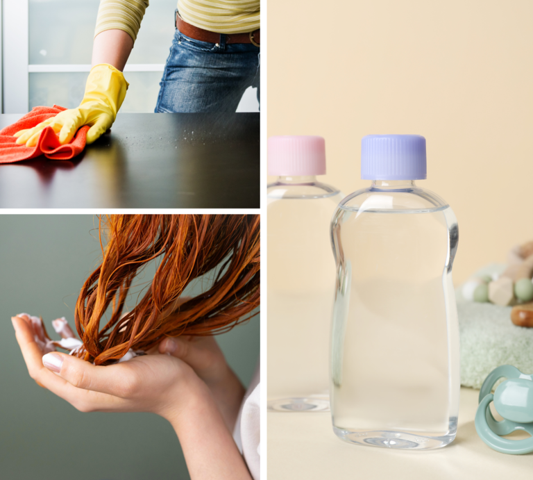 Eine Collage: Frau reinigt Tisch mit Tuch, Hand pflegt rote Haare mit Creme, Fläschchen mit Pastellverschlüssen und Schnuller vor hellem Hintergrund. | © Canva [M]