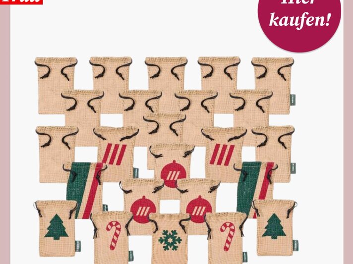 Beige Jutebeutel um Rosmarin zu überwintern mit roten und grünen weihnachtlichen Symbolen wie Tannenbäumen, Schneeflocken und Zuckerstangen. | © Lidl 