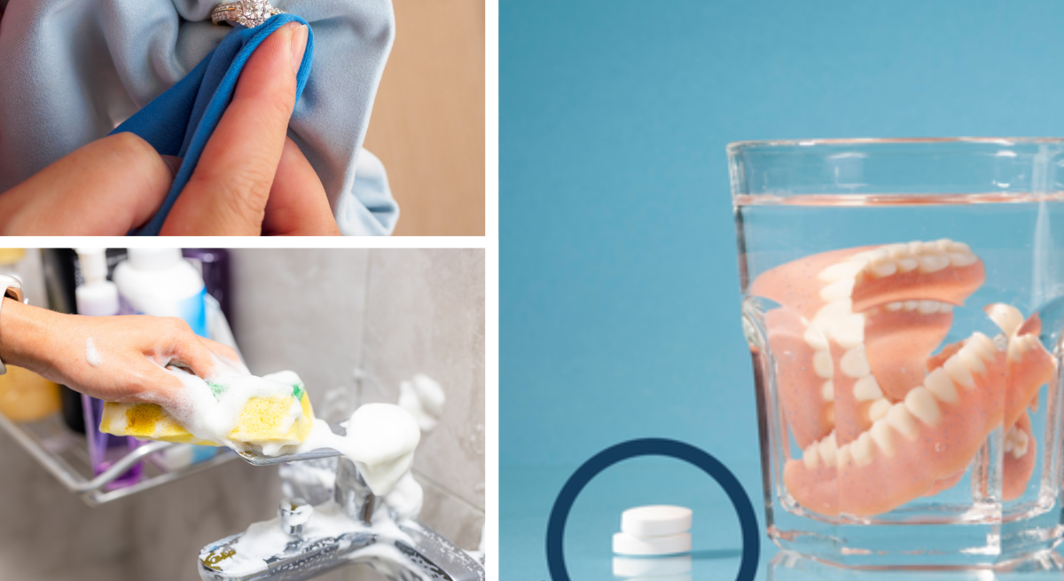 Eine Hand poliert einen Diamantring mit Tuch, eine zweite schrubbt schäumend einen Wasserhahn, daneben Gebiss in Wasserglas.