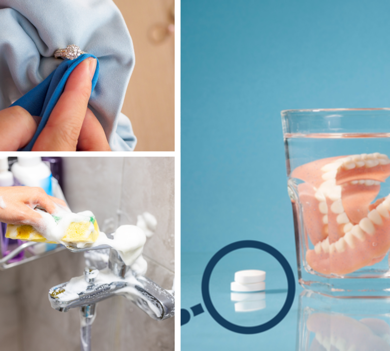 Eine Hand poliert einen Diamantring mit Tuch, eine zweite schrubbt schäumend einen Wasserhahn, daneben Gebiss in Wasserglas. | © Getty Images/Christine von Diepenbroek, Canva.com [M]