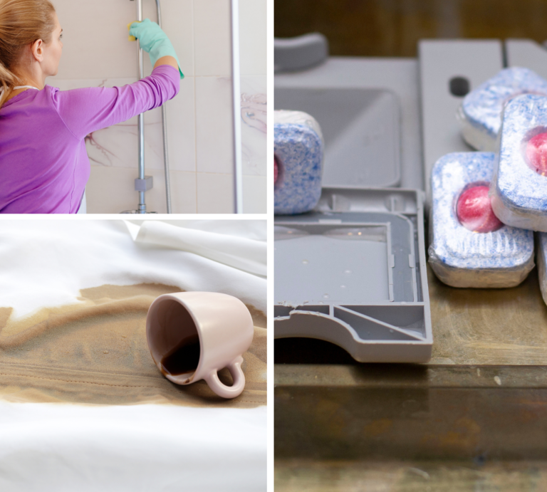 Collage aus Frau mit blondem Pferdeschwanz beim Putzen, verschüttetem Kaffee auf weißem Stoff und Geschirrspültabs auf Holzoberfläche. | © Canva [M]