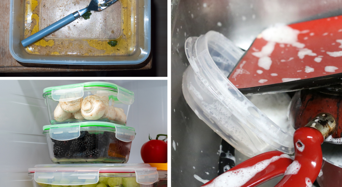 Eine leere Plastikdose mit gelben Speiseresten und einer Gabel liegt auf einem Holztisch, daneben verschlossene Behälter im Kühlschrank.