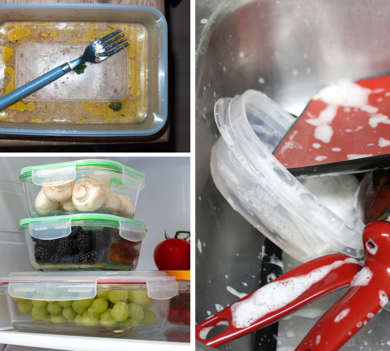 Eine leere Plastikdose mit gelben Speiseresten und einer Gabel liegt auf einem Holztisch, daneben verschlossene Behälter im Kühlschrank. | © Canva [M]