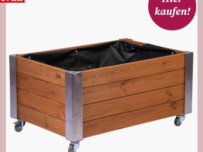  Das Bild zeigt ein Hochbeet auf Rollen, das für den Gartenbau geeignet ist. Es ist aus Holz gefertigt, mit Metallecken verstärkt und besitzt eine Innenauskleidung aus schwarzem Stoff. Oben im Bild ist das Logo "Bild der Frau" mit einem runden, lila-farbenen Button, auf dem "Hier kaufen!" steht, was darauf hinweist, dass es sich um ein Werbebild handelt, welches den Betrachter zum Kauf des Produkts auffordert. | © Lidl 