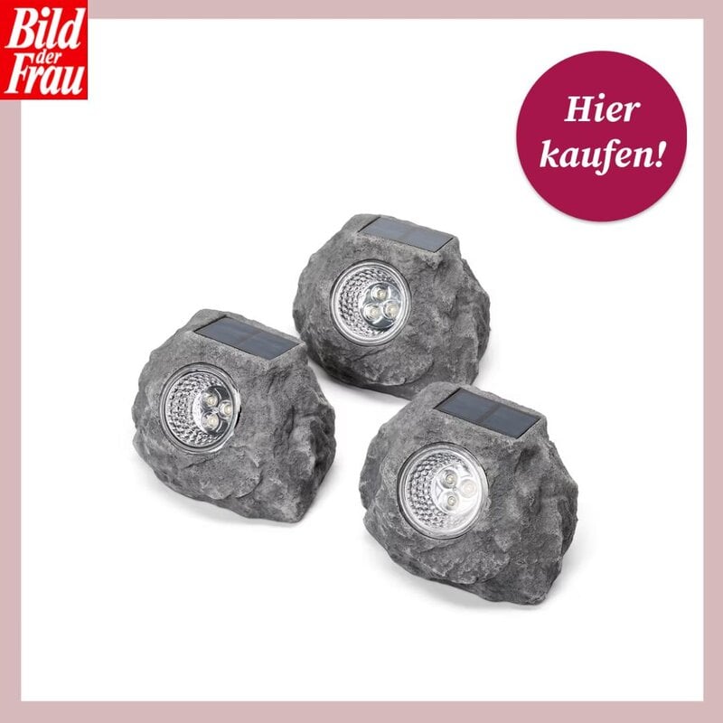 Produktbild der 3 Solar-LED-Steine von Tchibo mit einem Rahmen.  | © Tchibo/Canva