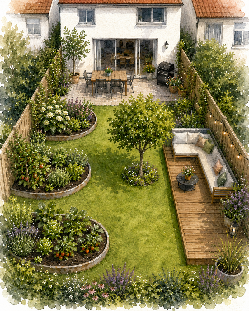 Ein Aquarell-Bild von einem Handtuchgarten, der gut genutzt ist mit Beeten, einer Terrasse, einem Baum und einer Lounge.  | © ChatGPT