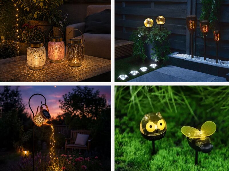Vier dekorative Solarleuchten spenden warmes Licht auf Terrasse und Gartenweg vor dunklem Holzzaun bei Nacht. | ©  Woolworth/Canva/Collage/bildderfrau.de