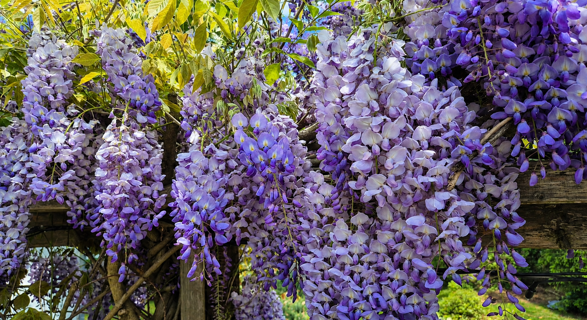 Zu sehen ist ein violet blühender Blauregen