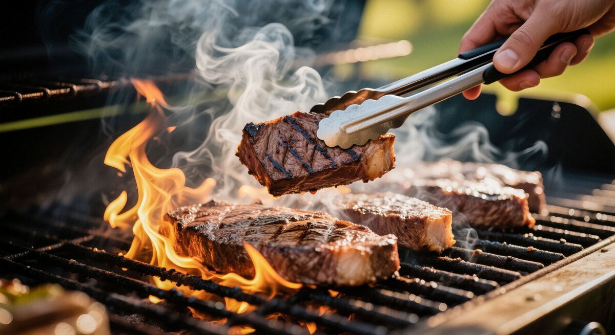 Saftige Steaks brutzeln auf offenem Grill, während eine Hand das Fleisch mit einer silbernen Zange wendet.