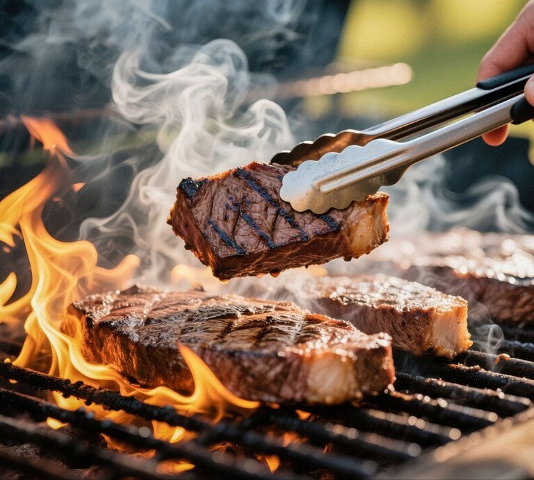 Saftige Steaks brutzeln auf offenem Grill, während eine Hand das Fleisch mit einer silbernen Zange wendet. | © Shutterstock/Merch Hub