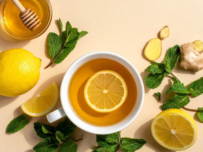 Draufsicht auf eine weiße Teetasse mit goldenem Kräutertee, in dem eine Zitronenscheibe schwimmt. Rund um die Tasse sind frische Minzblätter, eine ganze Zitrone, Zitronenscheiben und -hälften sowie ein aufgeschnittenes Stück Ingwer angeordnet. Im oberen linken Bereich steht ein Glas mit Honig und einem Holzhoniglöffel. Der helle, cremefarbene Hintergrund verleiht dem Bild eine natürliche und einladende Atmosphäre. Das Bild symbolisiert einen natürlichen Kräutertee mit gesunden Zutaten. | © TrueCreatives via Canva.com