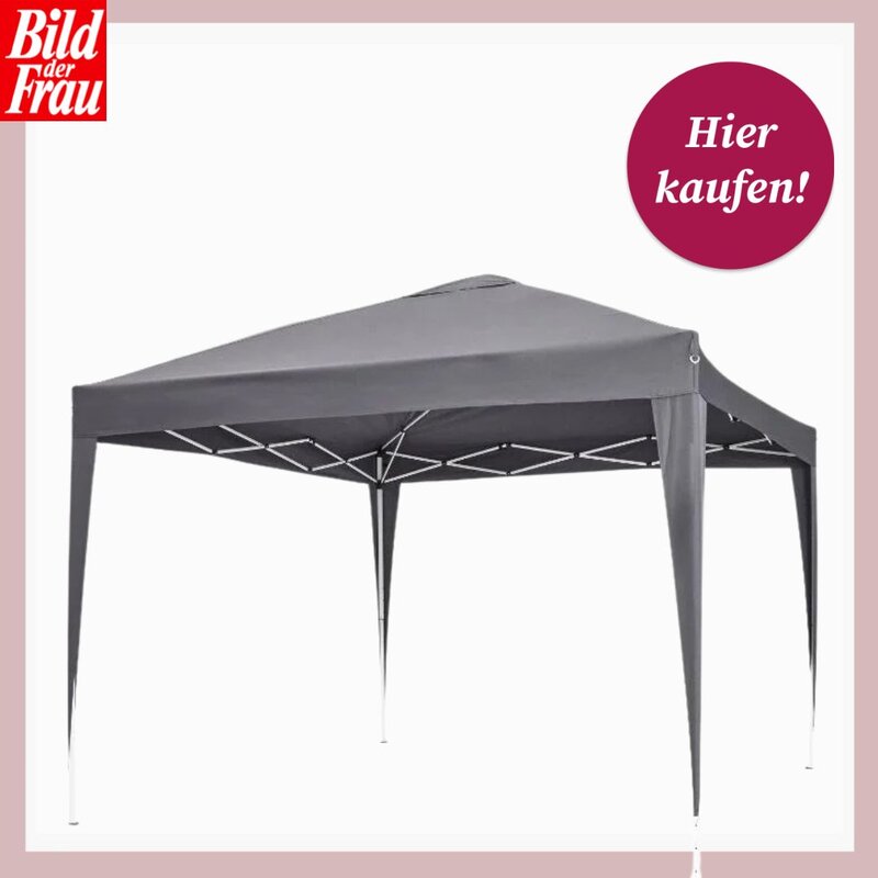 Dunkelgraues Faltpavillon mit spitzem Dach und stabilem Metallgestell freigestellt vor hellem Hintergrund dargestellt. | © Lidl/Canva/Collage:bildderfrau.de