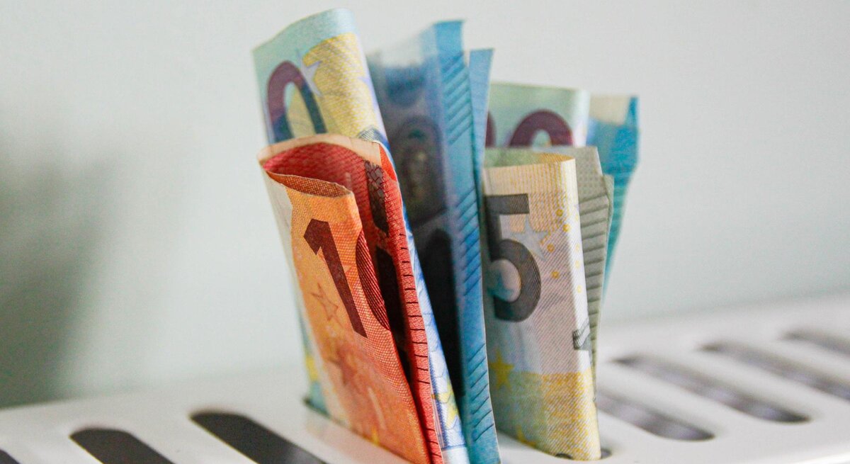 Mehrere gefaltete Euro-Banknoten ragen aus den Schlitzen eines weißen Toasters vor hellem Hintergrund und symbolisieren Geldverlust.