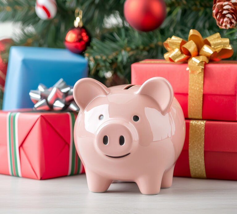 Ein rosa Sparschwein steht vor rot-goldenen Geschenken unter einem geschmückten Weihnachtsbaum mit Kugeln und Zapfen. | © Adobe Stock/ Sariyono (Generiert mit KI)