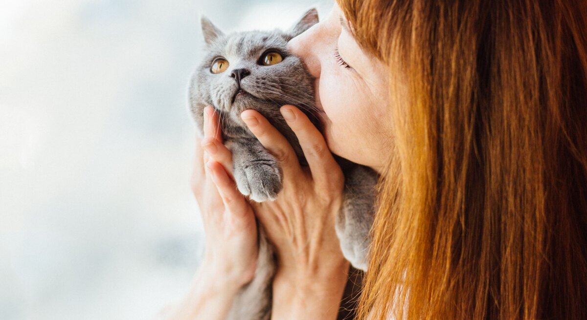Eine Frau mit langen roten Haaren hält eine graue Katze liebevoll in beiden Händen und küsst sie vor einem hellen Hintergrund.