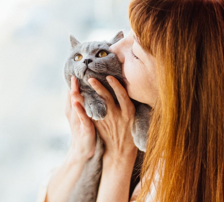 Eine Frau mit langen roten Haaren hält eine graue Katze liebevoll in beiden Händen und küsst sie vor einem hellen Hintergrund. | © Adobe Stock/ Iryna
