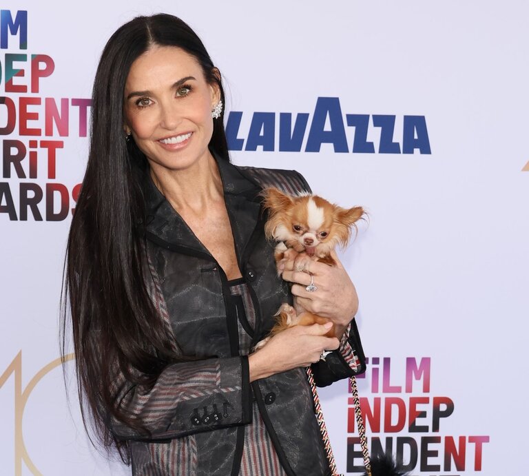 Dunkelhaarige, lächelnde Frau in gemusterter Jacke hält kleinen braun-weißen Hund auf rotem Teppich mit bunter Award-Wand. | © Getty Images / JB Lacroix / Kontributor