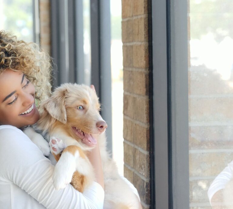 Eine junge Frau mit lockigem Haar hält lächelnd einen hellbraunen, jungen Hund vor einem Fenster. | © Getty Images/SDI Productions