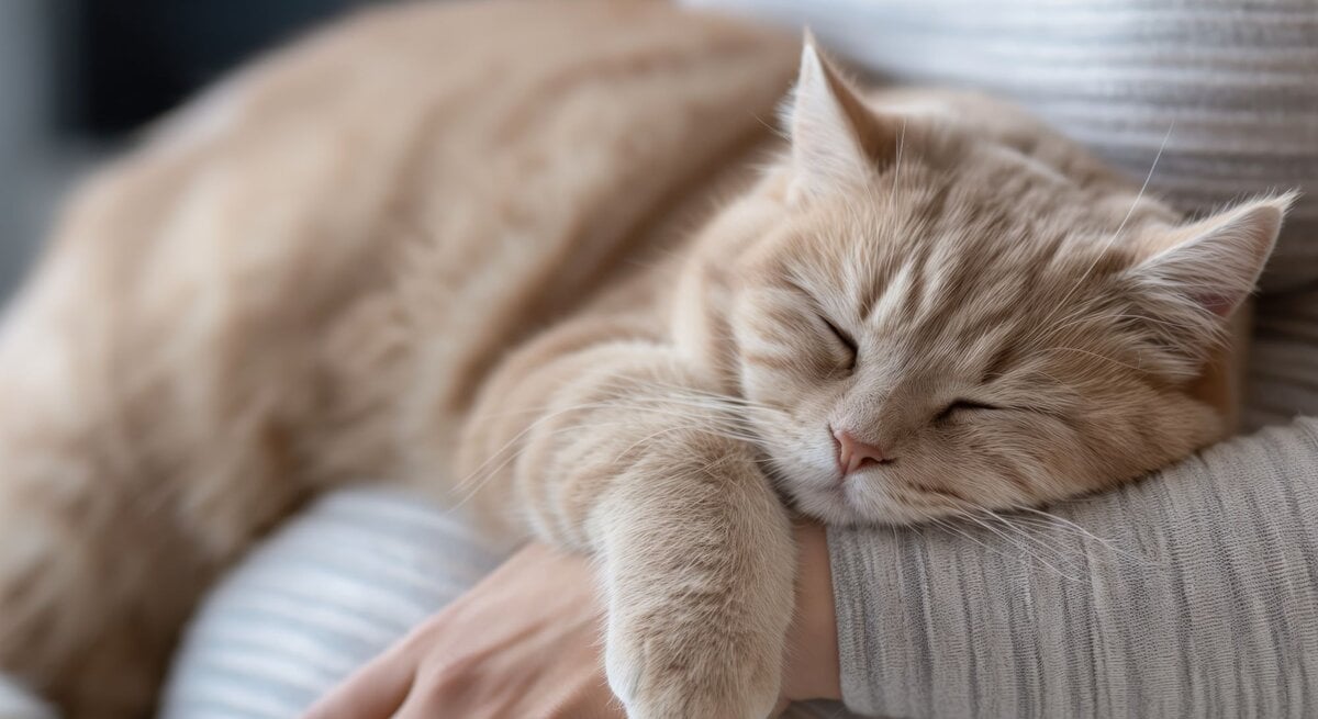 Eine cremefarbene Katze schläft entspannt mit dem Kopf auf dem Bauch und Arm einer schwangeren Frau, die ein grau-weiß-gestreiftes Oberteil trägt.