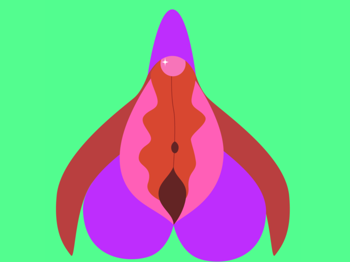 Abstrakte, farbenfrohe Illustration einer Vulva mit geometrischen Formen in Lila, Rosa und Rot auf grünem Hintergrund. | © Eveline Schram